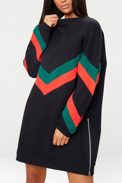 New Trendy Black Split Zip-Embellished Hem Color Block Round Neck Striped Long Sleeve Long Sweatshirt