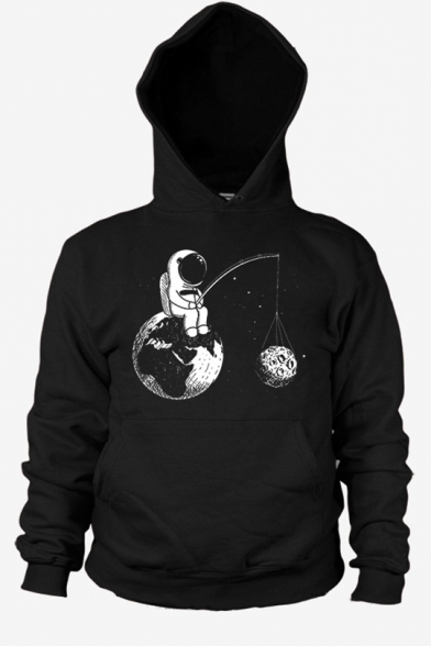 New Trendy Moon Astronaut Pattern Long Sleeves Pullover Hoodie with Pocket