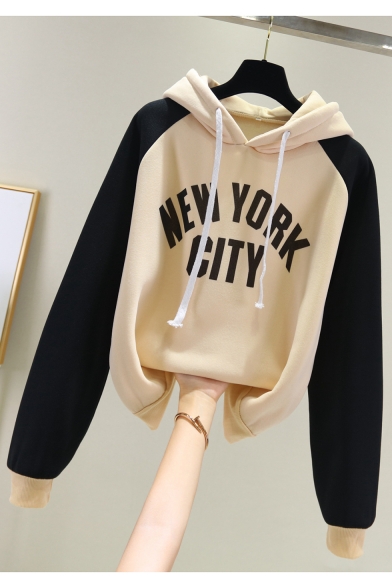 

New Trendy NEW YORK CITY Letter Print Color Block Long Sleeve Apricot Hoodie, LM557257