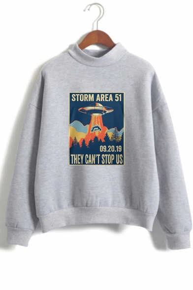 New Trendy UFO Letter Storm Area Printed Mock Neck Long Sleeve Pullover Sweatshirt