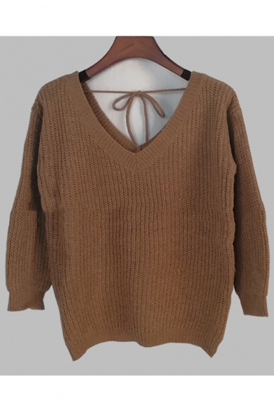 New Womens Plain V-Neck Mohair Knit Flared Sleeve Boxy Sweater