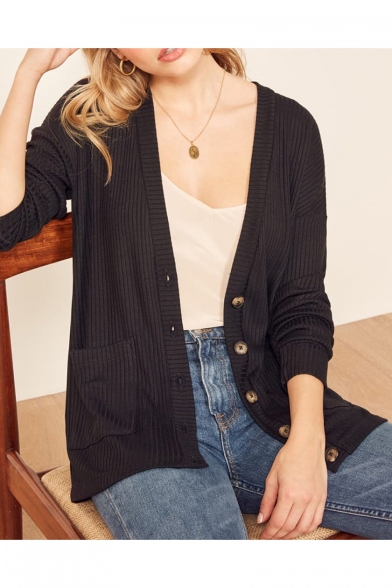 Popular Casual Plain Knit Long Sleeve Button Open Front Cardigan for Women