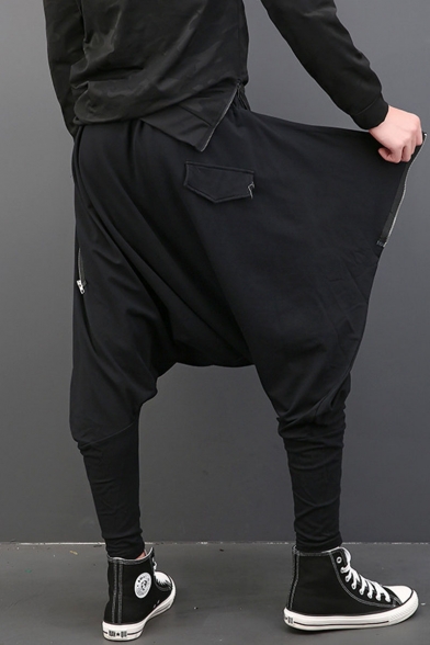 Popular Fashion Zip Embellished Simple Plain Black Loose Drop-Crotch Harem Pants for Men