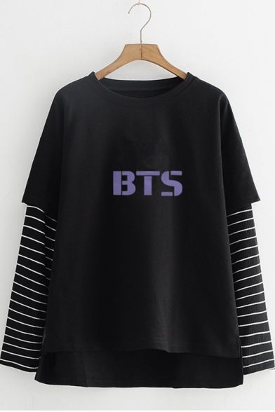 Popular Kpop Galaxy Logo Striped Patched Long Sleeve Loose T-Shirt