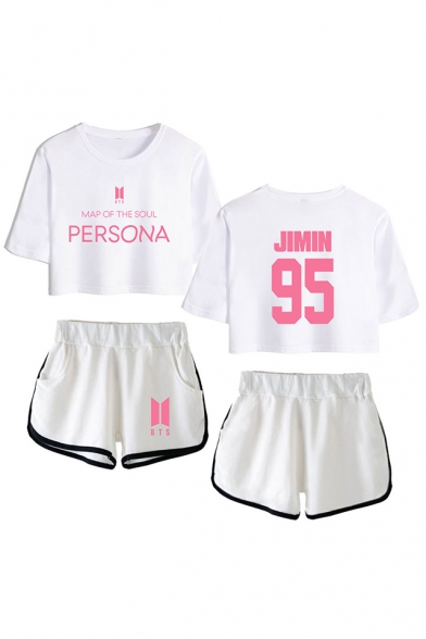 Popular Letters JIMIN 95 Print Athletic Style Short Sleeve Crop Tee with Dolphin Shorts Co-ords for Women