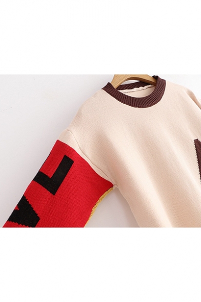 Simple Letter A Color Block Round Neck Long Sleeve Loose Fitted Sweater