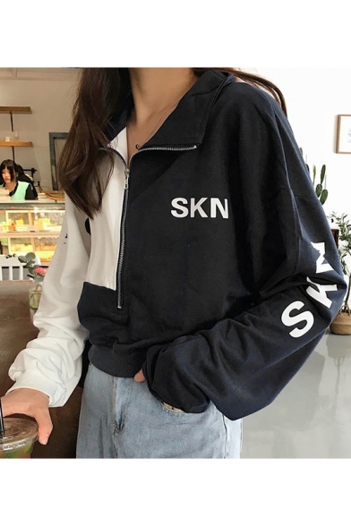 SKN Letter Printed Zipper Front Stand Up Collar Color Block Long Sleeve Cropped Sweatshirt