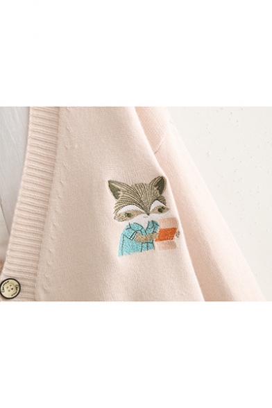 Stylish Long Sleeve V Neck Single Breasted Double Pocket Fox Printed Knitted Cardigan
