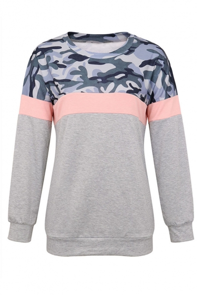 Stylish Round Neck Long Sleeve Camo Leopard Colorblock Patch Pullover Sweatshirt