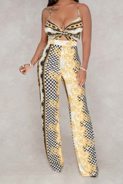Stylish Straps Sleeveless Tie Back Check Printed Wide Leg Jumpsuits