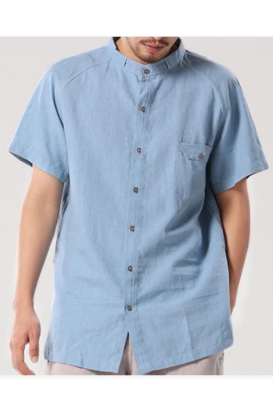 Summer Blue Short Sleeve Stand Collar Button Down Casual Loose Shirt