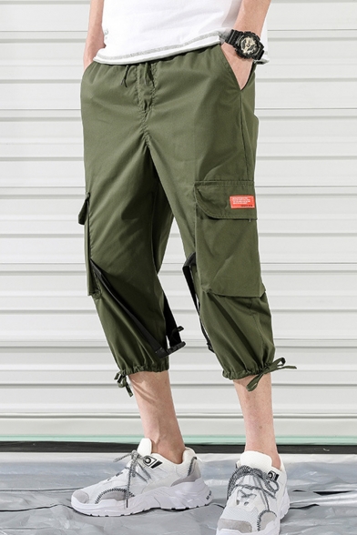 Summer New Fashion Simple Plain Buckle Strap Embellished Cropped Sports Cargo Pants with Side Pocket