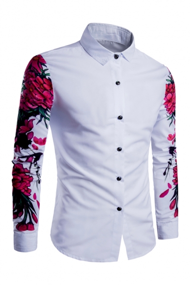 Mens Floral Printed Design Leisure Long-Sleeved Button Down Shirts 