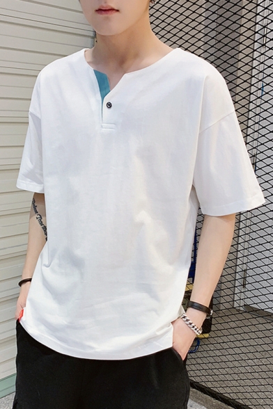 Summer Solid Color V Neck Short Sleeve Mens Basic Cotton T-Shirt