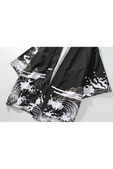 Summer Vintage Dragon Pattern Sun Protection Three-Quarter Sleeves Black Kimono Blouse Cardigan