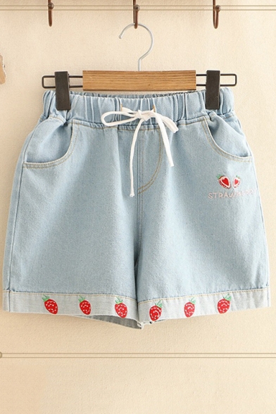 Sweet Cute Womens Drawstring Cord Strawberry Embroidered Hem Strawberry Letter Fashion Loose Denim Shorts
