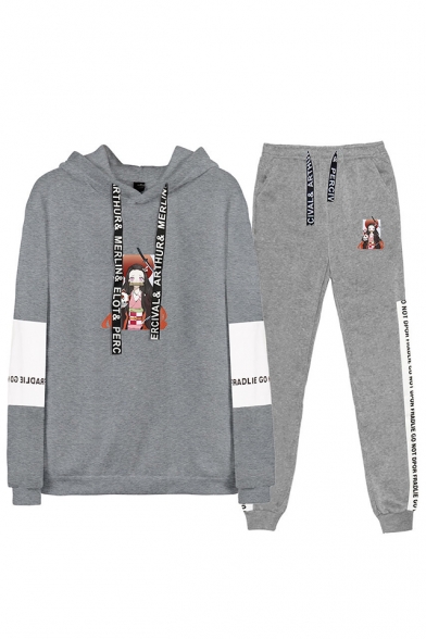 Trendy Casual Comic Printed Long Sleeve Hoodie Top with Drawstring Sweatpants Co-ords