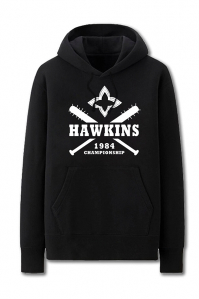Trendy Letter Hawkins Championship 1984 Graphic Printed Black Casual Pocket Hoodie