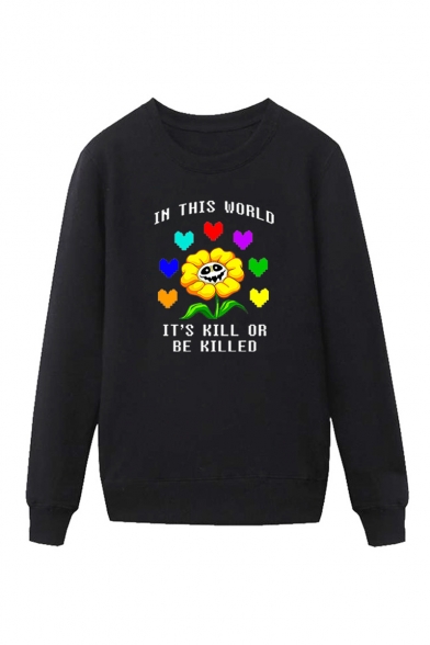 Trendy Sunflower Letter IN THIS WORLD Printed Round Neck Casual Cotton Sweatshirt