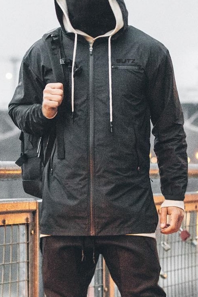 Unique Letter Logo Printed Long Sleeve Hooded Zip Up Windbreaker Black Jacket for Men