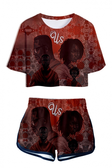US Thriller Film Figure Printed Short Sleeve Crop Tee with Sport Dolphin Shorts Two-Piece Co-ords