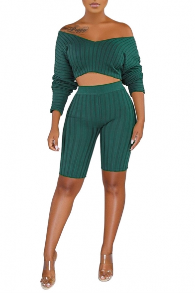 V Neck Long Sleeve Cropped T Shirt with High Waist Stretch Shorts Plain Striped Knitted Co-ords