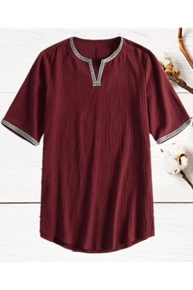 Vintage Short Sleeve V Neck Geometric Printed Trim Cotton Linen Mens T-Shirt