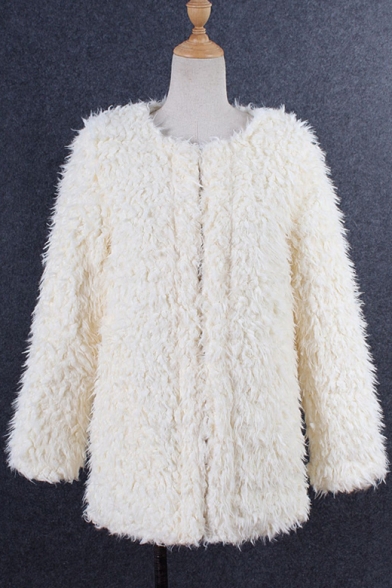 White Chic Simple Plain Open Front Long Sleeve Longline Faux Fur Coat