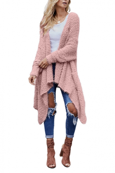 Winter Women's Warm Asymmetric Hem Open Front Mid-Length Knit Plain Loose Coat