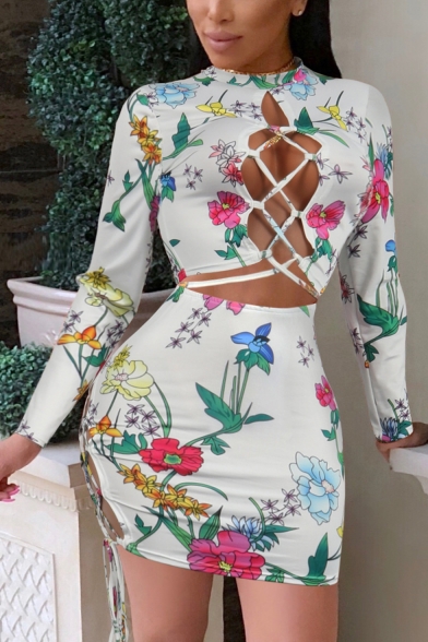 Women's Fancy White Floral Printed Long Sleeve Cutout Crop Tee with Mini Bodycon Skirt Two-Piece Set