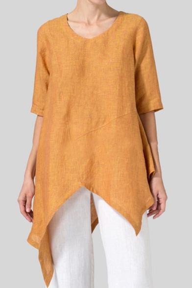 Women's Hot Fashion Simple Plain Half Sleeve Scoop Neck Asymmetric Hem Linen Tunic Shirt