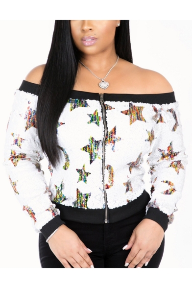 Womens Chic Sequined Star Printed Long Sleeve Zip Up Off Shoulder White Jacket