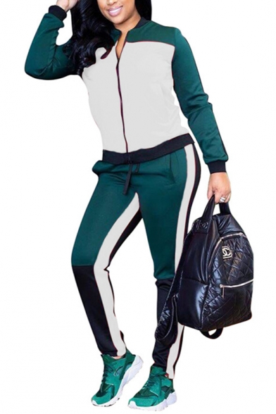 Womens Classic Fashion Colorblock Two-Tone Zip Jacket with Pants Sport Two-Piece Set