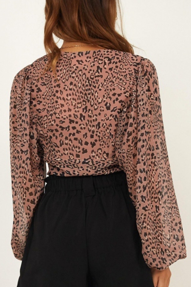 Womens Classic Leopard Pattern Sexy Plunge Neck Long Sleeve Bow Tide Pink Crop Blouse Top