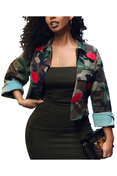 Women Camouflage Printed Long Sleeves Button Belted Casual Jacket Coat Plus Size