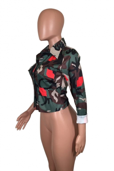 Womens Cool Lip Camo Printed Lapel Collar Long Sleeve Cropped Jacket