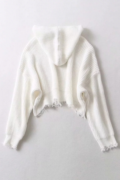 Womens Cool Plain Hoodie Shredded Ribbed Knit Bloomed Sleeve Crop Top Sweater