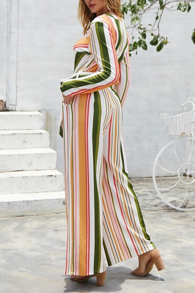 Womens Fashion Chic Long Sleeve Hollow Out Tie Waist Striped Wide Leg Holiday Jumpsuits