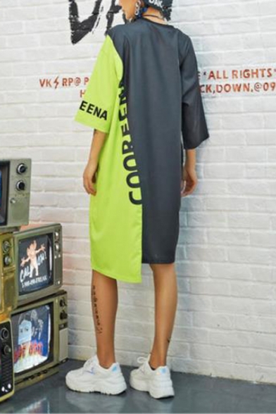 Womens Fashion Round Neck Half Sleeve Panelled Character Print Letter Loose Midi Asymmetrical Shift T-Shirt Dress