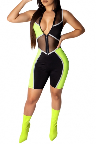 Womens Fashion Sleeveless Colorblock Sheer Mesh Patch Zipper Up Skinny Fitted Rompers