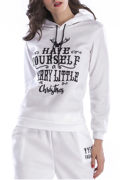 Womens Hot Fashion Christmas Long Sleeve Have Yourself Letter Printed Straight Loose Pullover Hoodie