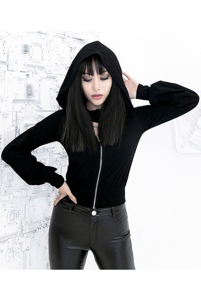 Womens Hot Stylish Long Sleeve Zip Front Cutout Slim Fit Cropped Hoodie