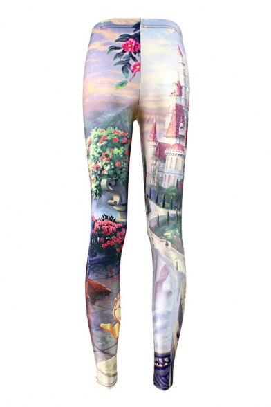 Womens New Beauty and Beast rainbow Floral Print Full Length Leggings