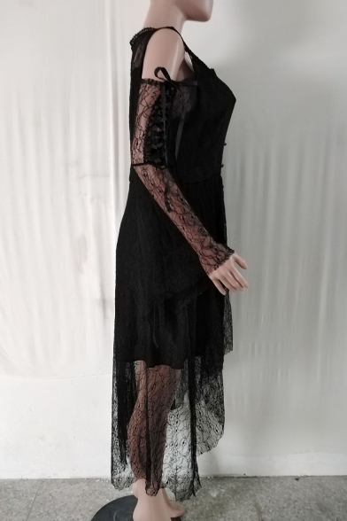 Womens New Fashion Sexy Black Transparent Lace Cold Shoulder Long Sleeve Button Front Maxi Dress