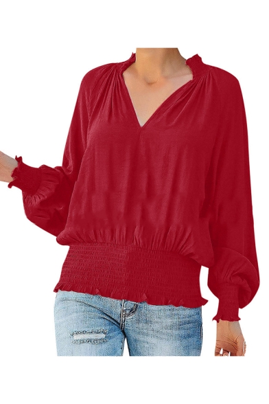 Womens New Stylish Simple Plain V-Neck Long Sleeve Pleated Blouse Top