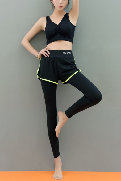 Womens New Trendy Fake Two-Piece Sport Running Slim Yoga Leggings Pants
