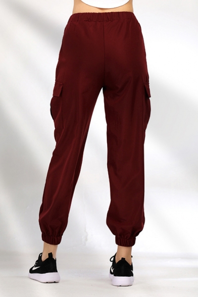 Womens Plain Drawcord Waist Flap Pocket Side Tapered Loose Cargo Pants