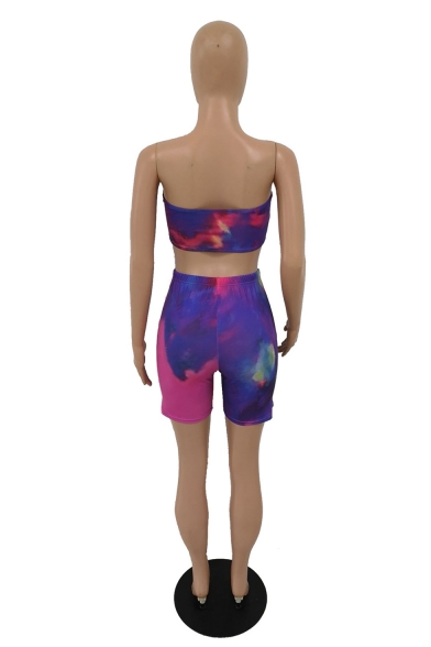 Womens Purple Ombre Print Skinny sleeveless Strapless Tops with High Waist Shorts Two Piece Set