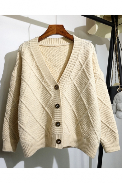 Womens Simple V Neck Long Sleeve Plain Plaid Crochet Single Button Cardigan