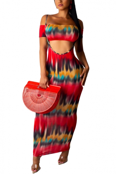 Womens Stylish Short Sleeve Bandeau Top with Strap Maxi Skirt Tie Dye Two Piece Set